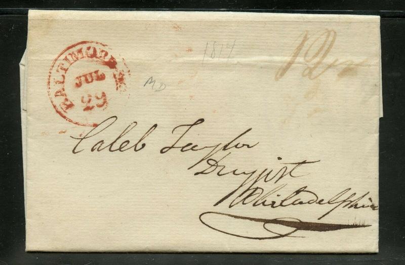 UNITED STATES JULY 29, 1817  STAMPLESS COVER BALTIMORE  TO PHILADELPHIA AS SHOWN