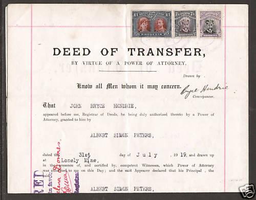 Rhodesia Sc 118c/136 on 1919 Deed of Transfer, Fresh & VF   