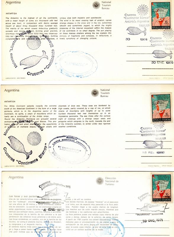 Argentina 1969/1971 CROSSING POLAR CIRCLE POSTMARKS 3 POSTCARDS