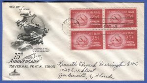US 1949  Sc C44  25c UPU Block of 4 on FDC First Day Cover