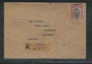 NORTH BORNEO COVER (PP1003BB)  1949 ROYAL CYPHER $1.00 REG COVER LABUAN TO AUSTR 