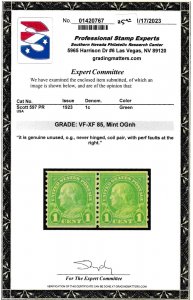 U.S. Scott # 597 PR, 1¢, 1923, PSE Cert., VF-X 85, M, OGnh, Coil Pair, faults