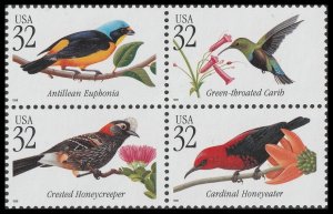 US 3222-3225 3225a Tropical Birds 32c block 4 MNH 1998