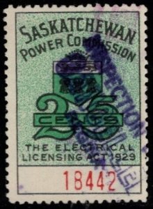 1937-47 Canada Revenue 25 Cents Province of Saskatchewan Electrical Inspection