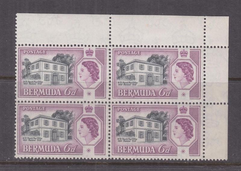 BERMUDA, 1959 Perot's Post Office, 6d., corner block of 4, mnh., lhm. in margins