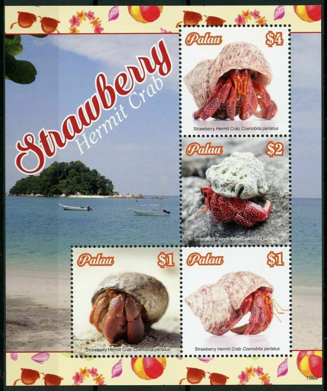 Palau 2019 MNH Marine Animals Stamps Strawberry Hermit Crabs Crustaceans 4v M/S 