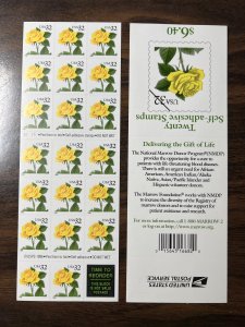 Scott 3049 32c Yellow Rose Booklet of 20 S1111 “Marrow Foundation” Back Cat $13