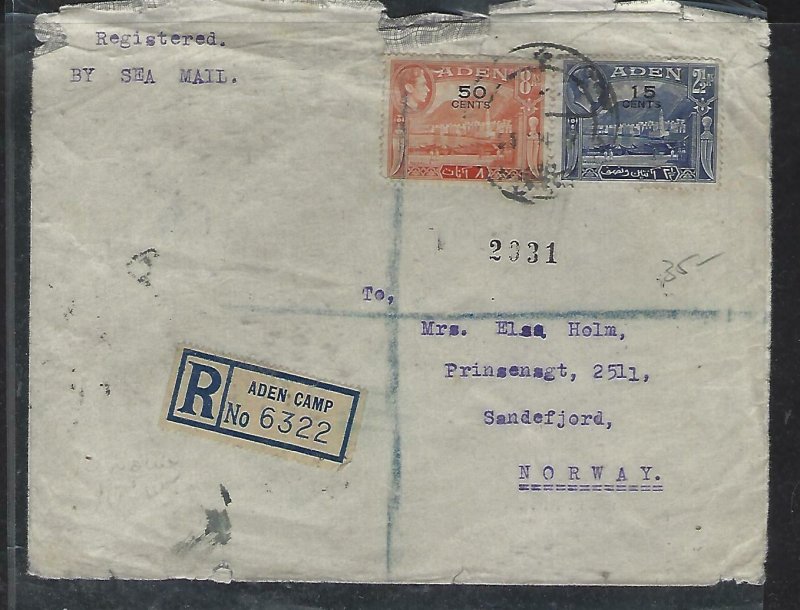 ADEN (P2508B) 1953  KGVI  15C/2 1/2A+50C/8A REG SEA MAIL TO NORWAY