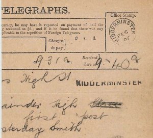 GB Worcs 1906 Telegraph Form KIDDERMINSTER Unusual Straight-Line Handstamp GN163 