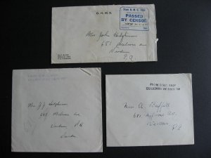 WWII ship censored covers to Canada 1 cover back damaged see pictures