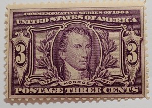 Scott Stamp# 325-1904 3¢ James Monroe, MNH OG. Superior Centering. Vivid Color.