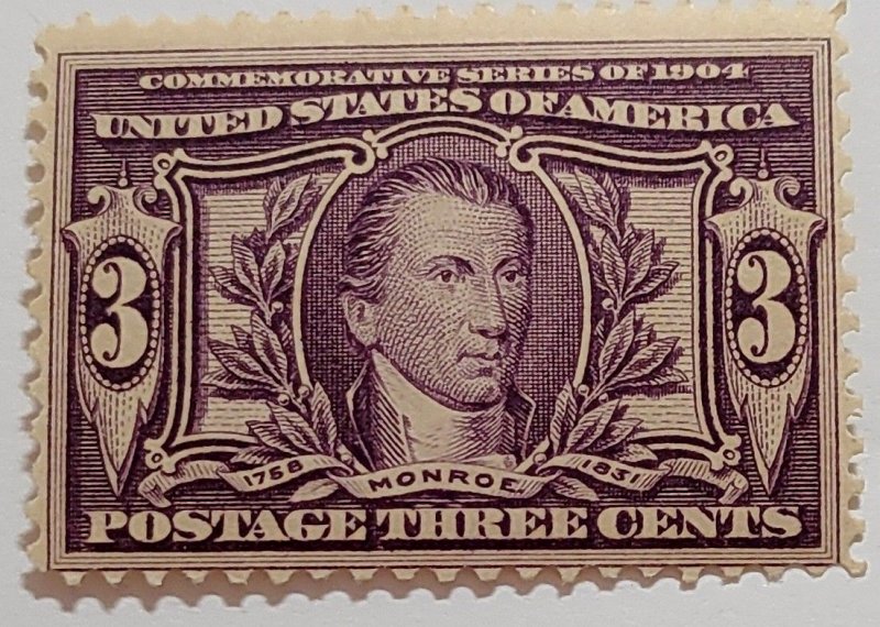 Scott Stamp# 325-1904 3¢ James Monroe, MNH OG. Superior Centering. Vivid Color.