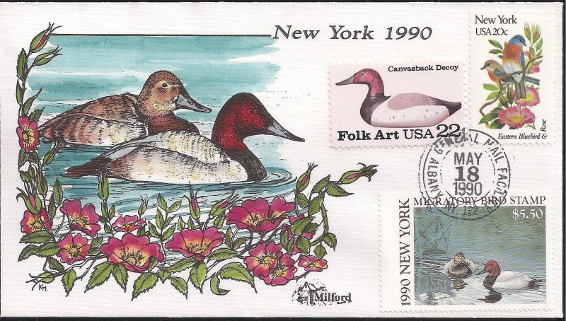 Fred Collins Hand Painted Milford Series FDC for New York 1990 Waterfowl Stamp