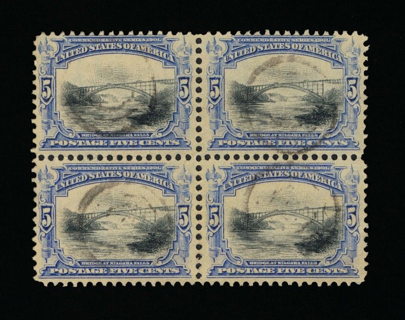 GENUINE SCOTT #297 VF-XF POSTALLY USED 5¢ PAN-AM EXPO VERY SOUND BLOCK OF 4