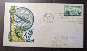 1947 USA Airmail First Day Cover FDC New York NY to Fairbury NE