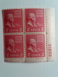 SCOTT # 806 PLATE BLOCK # 21892 JOHN ADAMS MINT NEVER HINGED GEM FRESH !!!