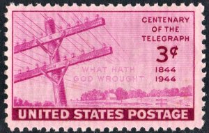 SC#924 3¢ Telegraph Centennial Single (1944) MNH