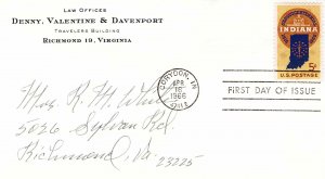 USA 1966 FDC Sc 1308 Indiana Statehood No Cachet First Day Cover 5c