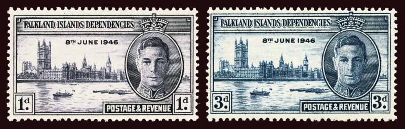 FALKLAND IS DEP Scott #1L9-10 (SG G17-18) 1946 Peace Issue unused OG LH