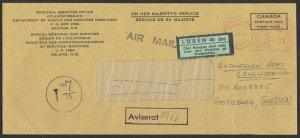 1972 OHMS Cover Halifax 8c Meter Short Pays Air Mail rate to Sweden 40 ORE Label