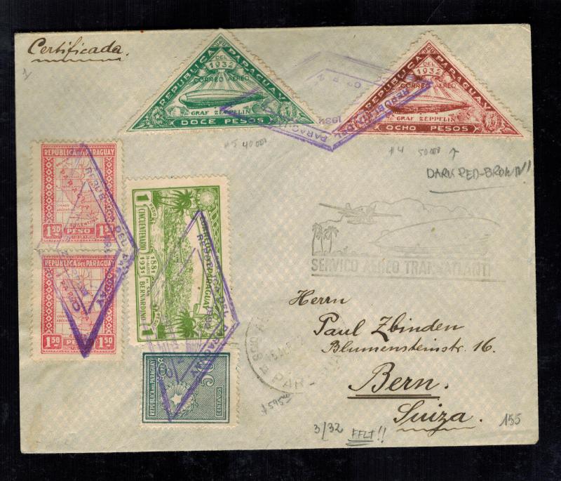 1932 Paraguay Graf Zeppelin Cover to Bern Switzerland  LZ 127