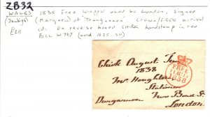 GB Wales Cover FREE *Marquess of Dungannon* *CHIRK* Handstamp Denbighs 1838 ZB32