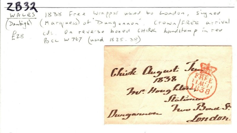 GB Wales Cover FREE *Marquess of Dungannon* *CHIRK* Handstamp Denbighs 1838 ZB32