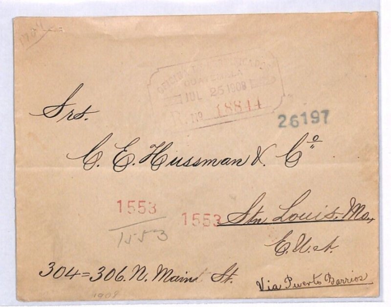 GUATEMALA Cover *SPECTACULAR STRIP{6} FRANKING* 1908 USA via New Orleans YT344