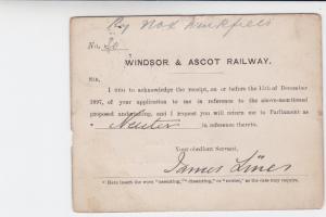 windsor and ascot railway  ascot cancel 1897 victorian receipt card ref r19663