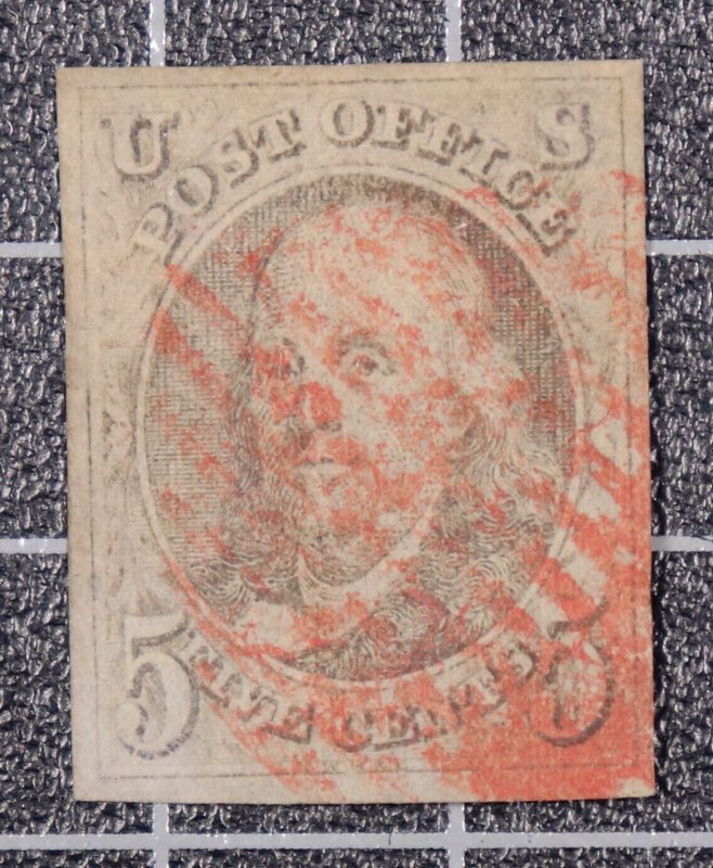 Scott 1 - 5 Cents Washington - Used - Nice Stamp - Red Cancel SCV - $425.00