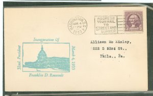 US 72 A 3c Washington coil frank this cacheted addressed cover canceled on March 4, 1933 in Washington, DC the day of Franklin D