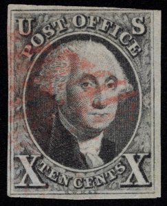 US SCOTT #2 USED 1847 RED HANDSTAMP SOUND BEAUTIFUL!