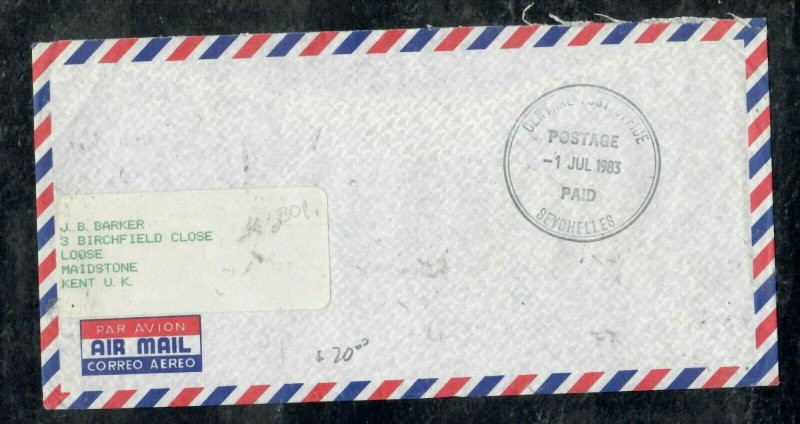 SEYCHELLES COVER (PP0301B)  1983 POSTAGE PAID STAMPLESS TO ENGLAND