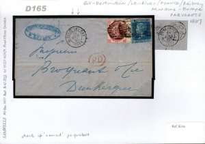 GB 2d BLUE Cover London 1867 CHANNEL PAQUEBOT FRANCE Dunkirk D165