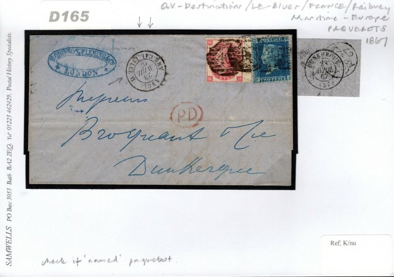 GB 2d BLUE Cover London 1867 CHANNEL PAQUEBOT FRANCE Dunkirk D165