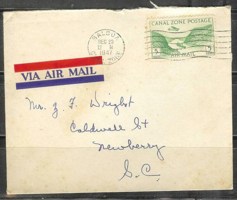 Canal Zone 1947 -  5 cents airmail on cover Balboa (Dec 23) to South Carolina