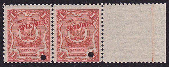 PERU 1909 OFFICIAL 1c PAIR optd SPECIMEN in red + security punch hole......7971