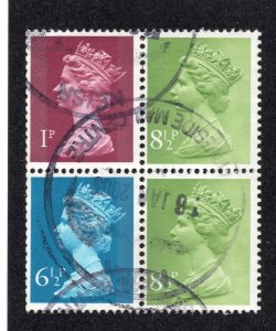 Great Britain 1970-95 1p, 6 1/2p & 8 1/2p block of 4 Scott MH23, MH60, MH65 used