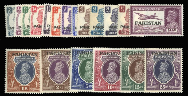 Pakistan SG1-19 Cat£200, 1947 3p-25r, complete set, lightly hinged