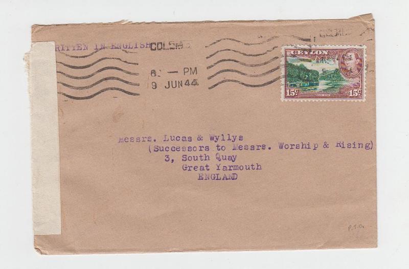 CEYLON TO CANADA 1944 CENSOR COVER (TAPE TYPE 7A1 #L/22) 15c RATE(SEE BELOW