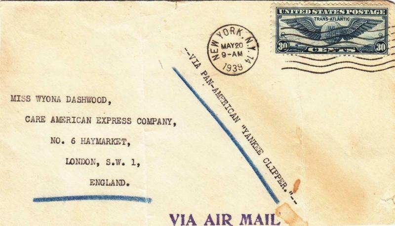 1939, New York, NY to London, England, Airmail, See Remark (23270)