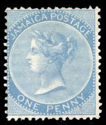 Jamaica #1 Cat$75, 1860 1p blue, hinge remnant