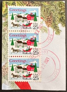 US #2400 Used Pair/Triplet on Paper F/VF 25c Christmas Greetings 1988 [R1234]