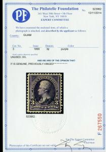 Guam Scott 3 Overprint Mint Stamp w/PF Cert (Stock Guam 3-PF1)