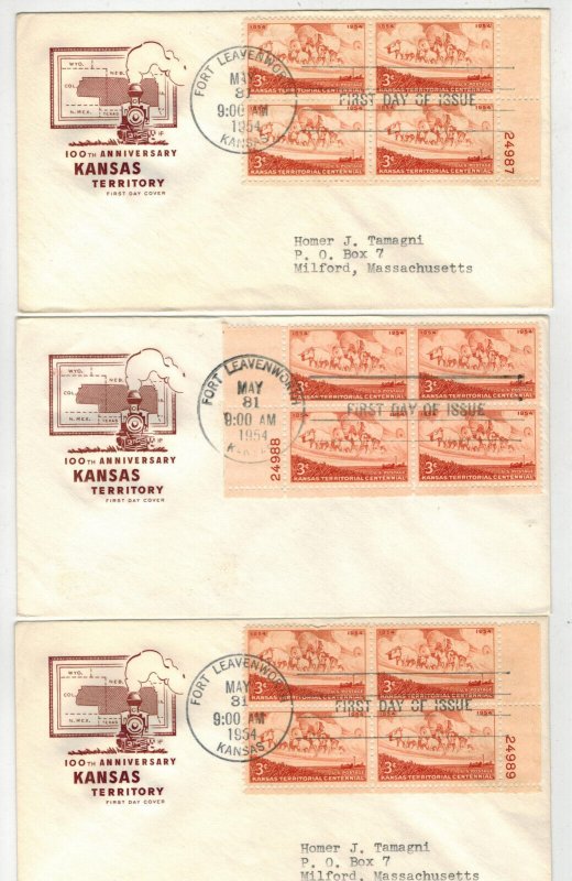 Farnam PLATE BLOCK SET OF 3 DIFF #s KANSAS TERITORY 100th ANNIVE 1954