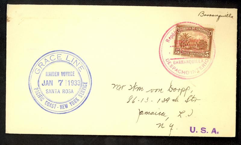 COLOMBIA 1933 GRACE LINES MAIDEN VOYAGE SANTA ROSA Cover to USA