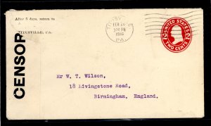 US U411 (1916) 2 cent Washington stamped envelope censored & addressed to England paying the 2 cent treaty rate (in effect Octob