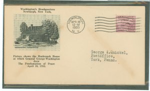 US 727 1933 3c Washington Headquarters (Peace of 1783) on an addressed (typed) FDC with an A C Roessler cachet