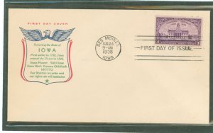 US 838 1938 3c Iowa Territory Centennial (single) on an unaddressed first day cover with a Fidelity cachet.