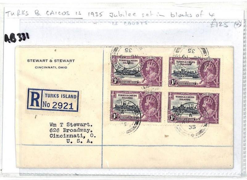 AB331 British 1935 SILVER JUBILEE SET Turks & Caicos Blocks{4} FOUR COVERS
